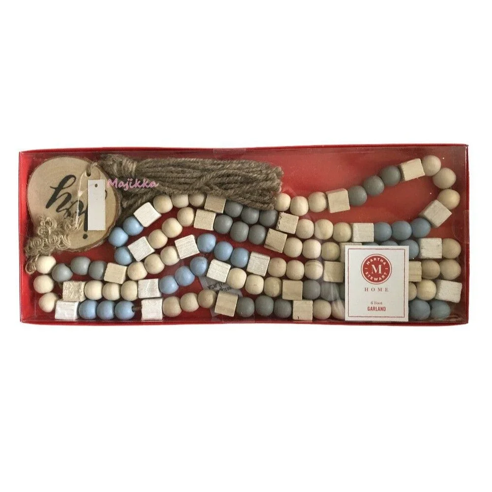 Martha Stewart Christmas Garland Wooden Beads Jute Tassels 6 Foot Joy Blue White